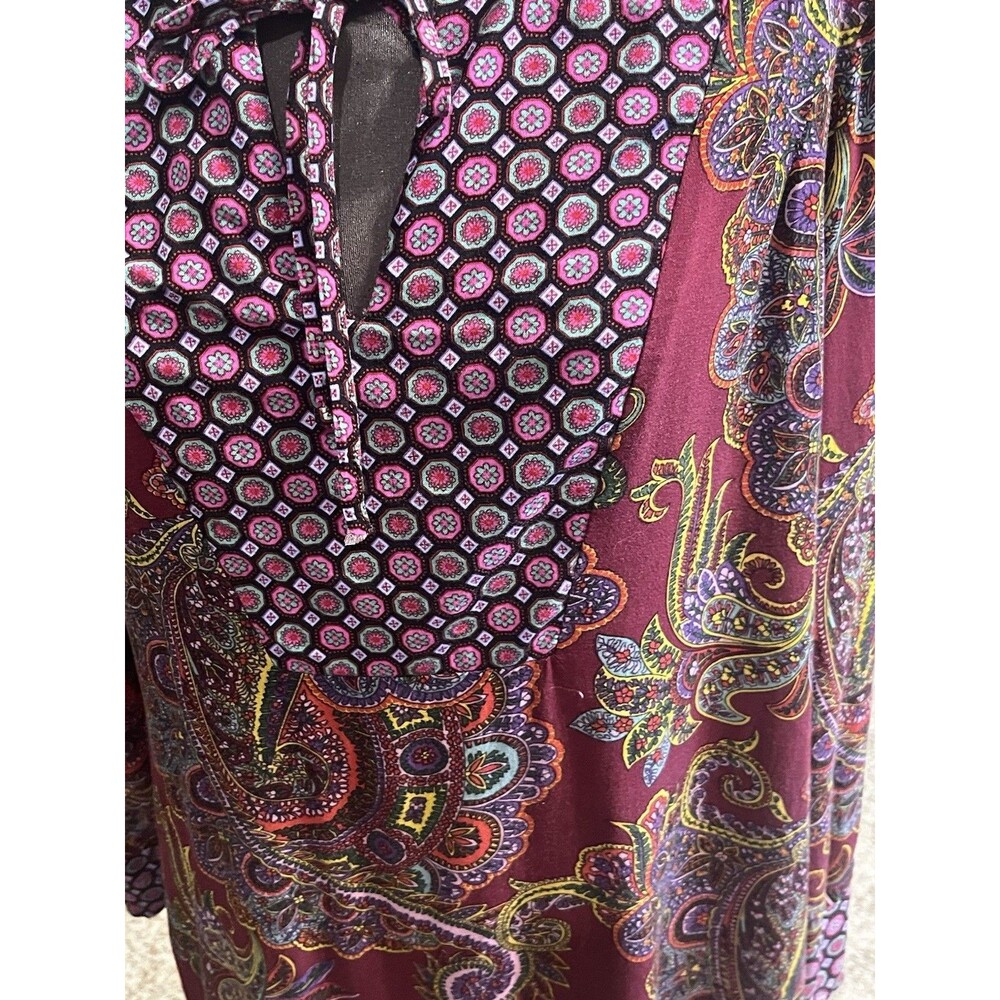 Figueroa & Flower Women’s Maroon Paisley Tunic Long Sleeve V- Neck Tie Neck L - Picture 3 of 6